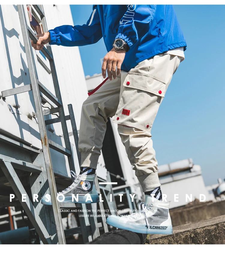 Casual Men Cargo Pants Cotton Polyester Drawstring Pockets Hip Hop Creamy-White Black Men Full Length Fashion Joggers Trouser