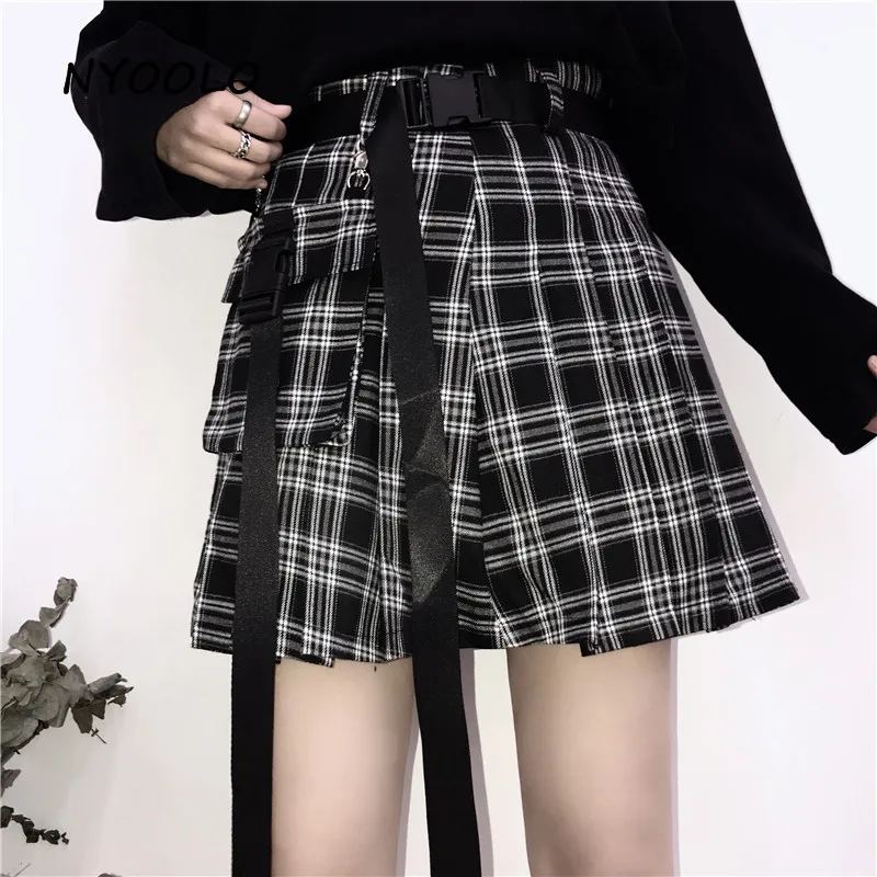 

NYOOLO Summer Plaid high waist skirt High street Elegance slim A-line mini pleated skirt women work Uniforms streetwear