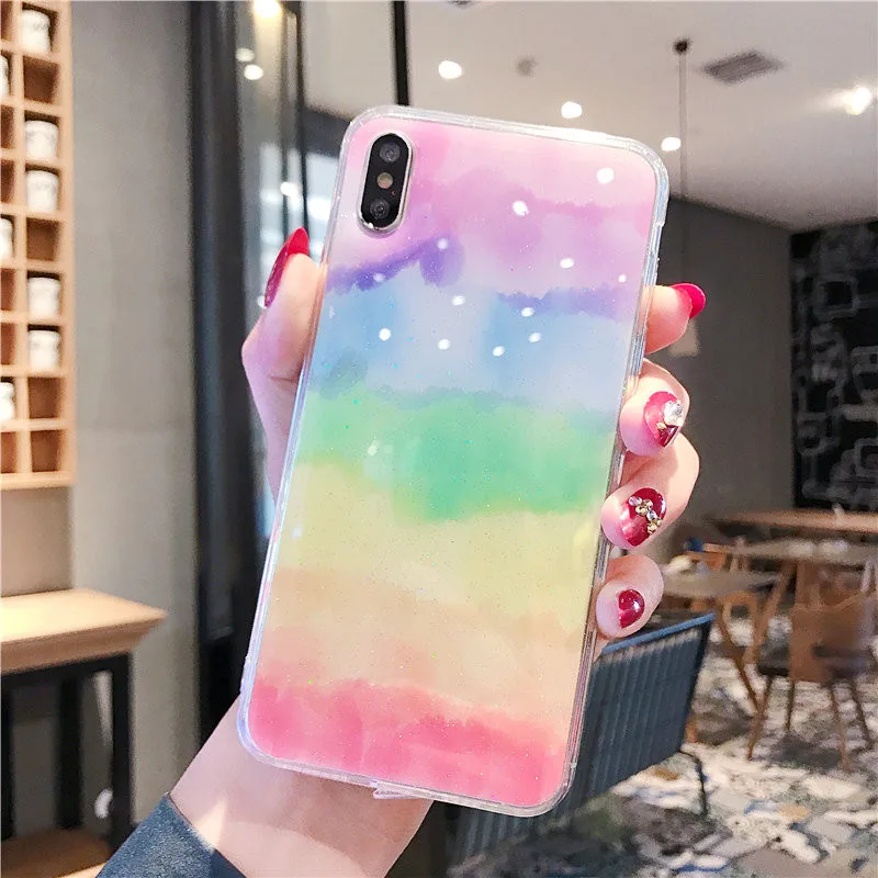 Transparent Soft Silicone Phone Cases for Apple iPhone 8 7 6 6s Plus X XR XS MAX Horse Glitter Epoxy On Rainbow TPU case cover |