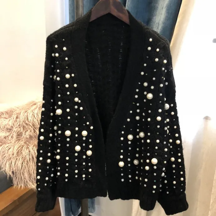 

Luxurury Pearls Autumn Winter Knitted Cardigans Women 2020 Long Sleeve Beading Sweater Korean Female Crochet Coat SA160S50