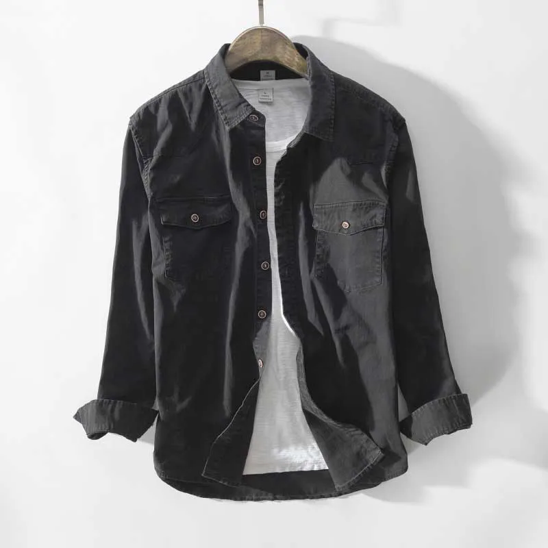 Рубашка мужская плиссированная с длинным рукавом хлопок 2 кармана повседневная