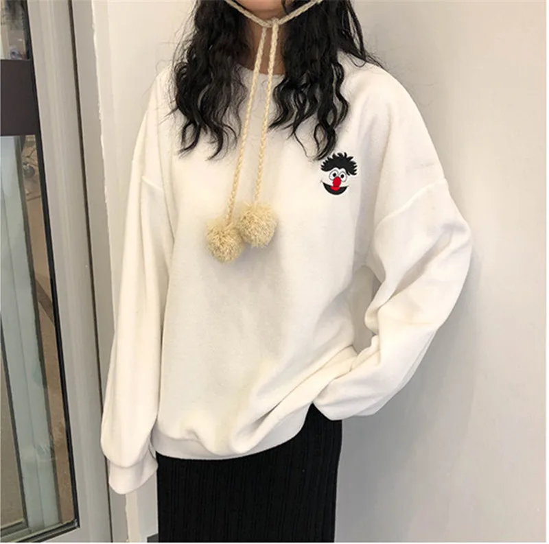 white Neploe мультяшная вышивка Женские однотонные толстовки с капюшоном и круглым вырезом женский свободный пуловер Весна Осень Повседневная мода Modis Топ 69675 - Цвет: white