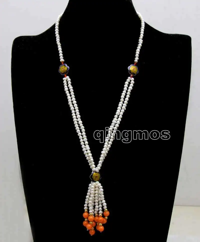 

4-5mm White Round Natural Pearl with 14mm Blue Cloisonne & Orange Coral pendant 21'' Necklace-nec6407
