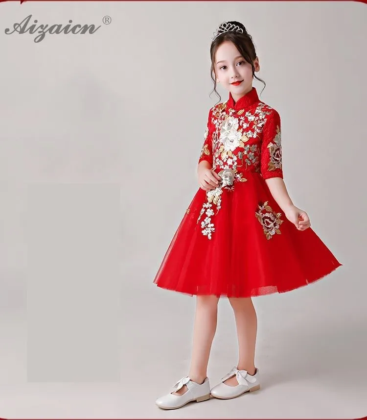 Детская одежда Cheongsam детское платье кружевное платье Ципао красного цвета принцесс вечерние платья с вышивкой в китайском одежда на год Qi Pao