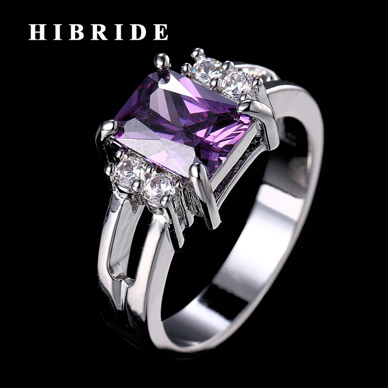 

HIBRIDE Purple Cubic Zircon Women Finger Rings White Gold Color Wedding Ring For Female Jewelry R-173