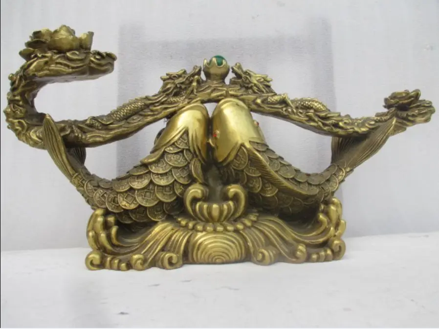 37 см * Большой Китайский бронзовый резьба карпа играть перл дракон ру йи