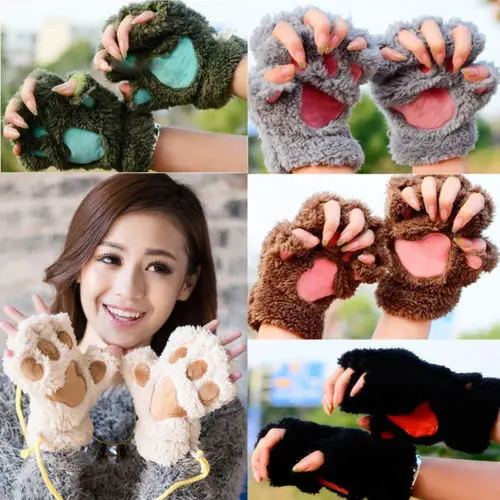 Winter Women Ladies Girls Gloves Cute Cat Claw Paw Plush Mittens Short Fingerless Half Finger Black Gray | Аксессуары для одежды
