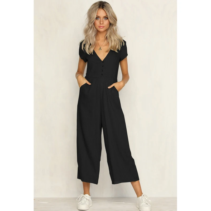 

Sexy V Neck Wide Leg Jumpsuit For Women Nice Vogue Fashion Short Sleeve Khaki Rompers Womens Jumpsuit Causal Loose Overalls