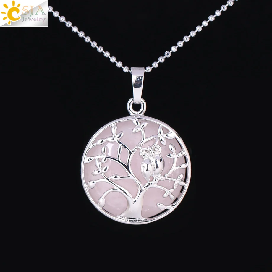 Rose Quartz CSJA, ювелирные изделия из натурального камня, ожерелье с кулоном, птица, сова на Древе жизни, Женское Ожерелье, s& Кулоны, трендовые ювелирные изделия для лета F343 - Окраска металла: Rose Quartz