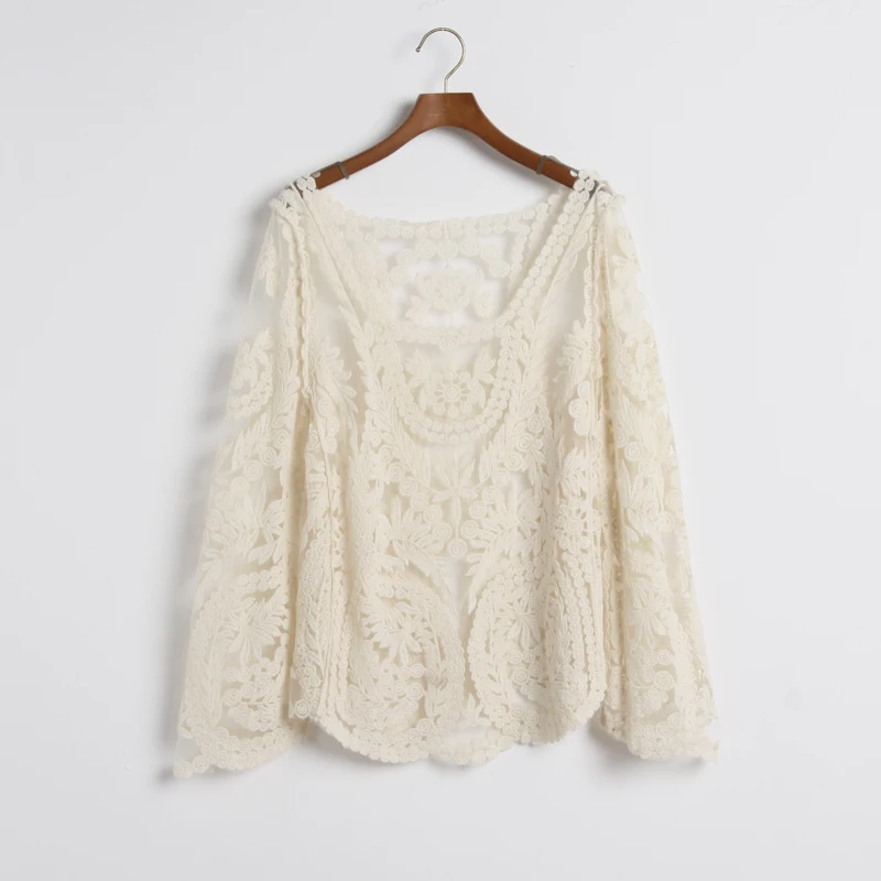 Женская прозрачная блузка в богемном стиле свободная пляжная с длинным рукавом и