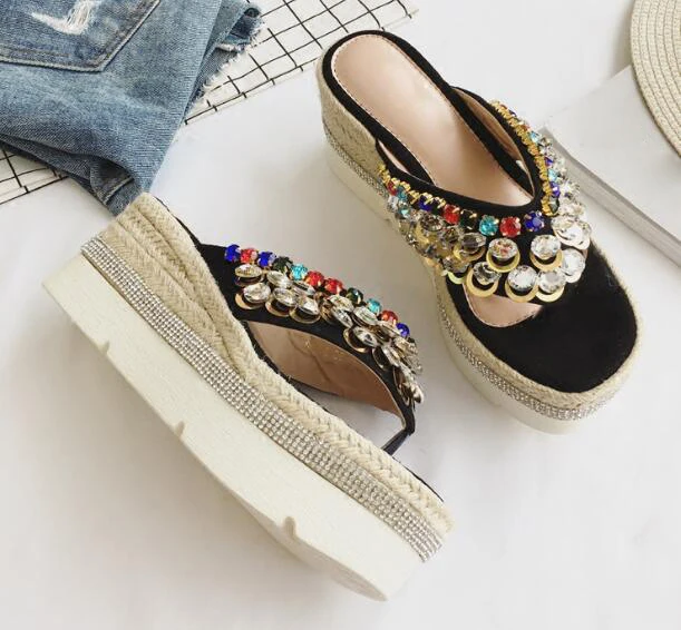 

summer flip flops women shoes Bohemia style luxury crystal platform wedges slippers sexy high heels sandals women Grass weaving