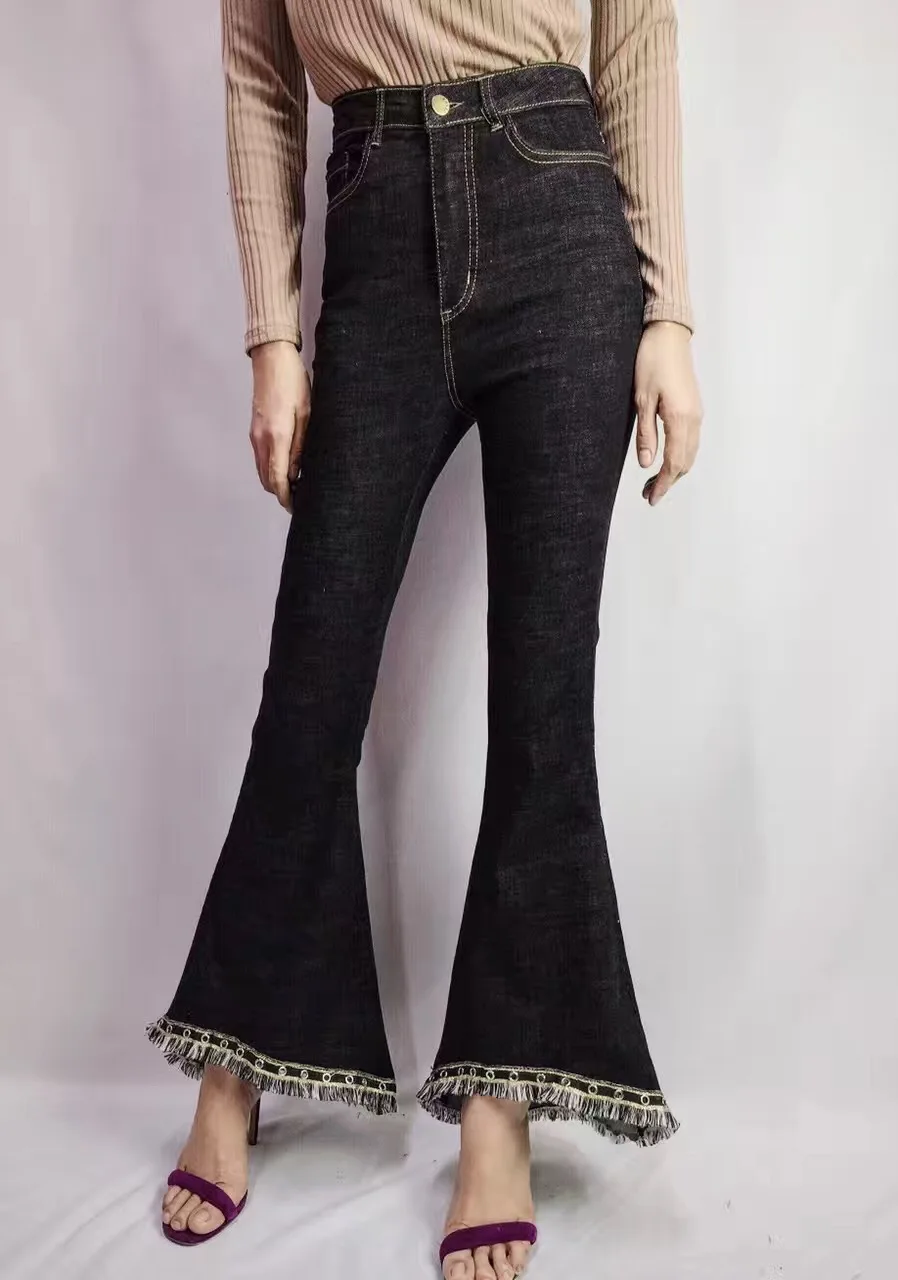 Winter retro arc of the national style curved tassels nine points jeans high waist bell-bottoms |