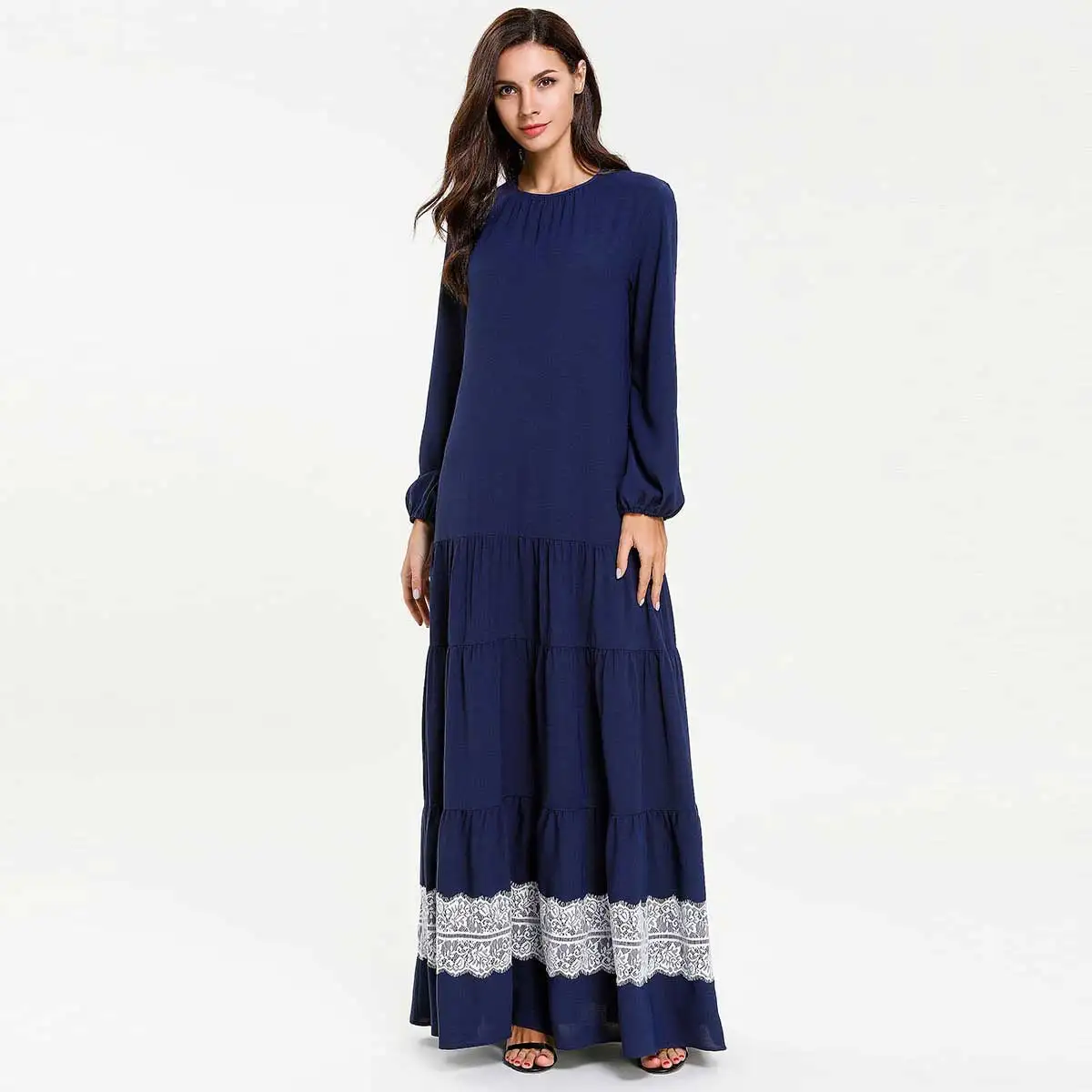 Navy Blue Шелковистые кружева лоскутное женское мусульманское платье плюс Размеры Исламская Абая Moroccan элегантное женское вечернее платье ОАЭ Рамадан халат VKDR1637 - Цвет: Navy Blue