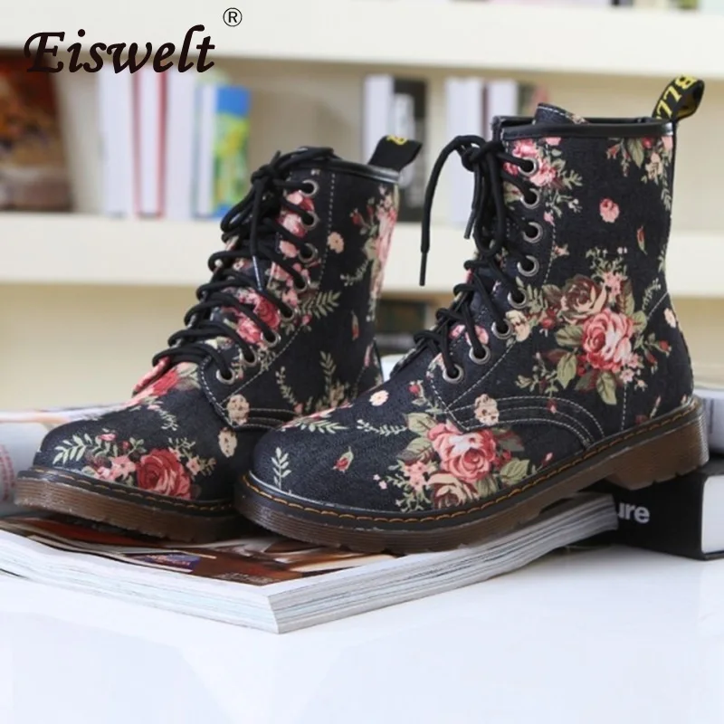EISWELT Woman Martin Boots Fashion Flower Shoes Lace Up Motorcycle Oxfords Flats Ankle for Women Flat with Autumn Winter | Обувь
