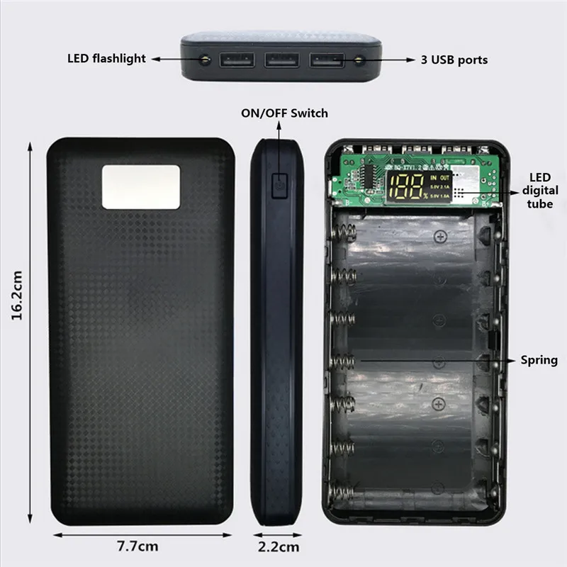 Чехол для электростанции, черный, 5 В, 2 А, 3 USB светодиодный фонарик, экран дисплея, прочная противоскользящая обработка для различных моделей мобильных телефонов