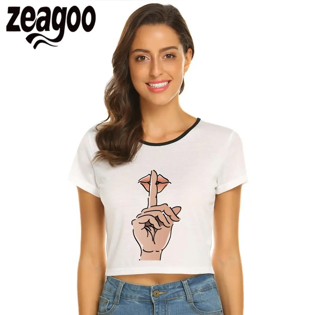 zeagoo T-Shirt Casual O-Neck Short Sleeve Solid Exposed Navel Women pin lips | Женская одежда