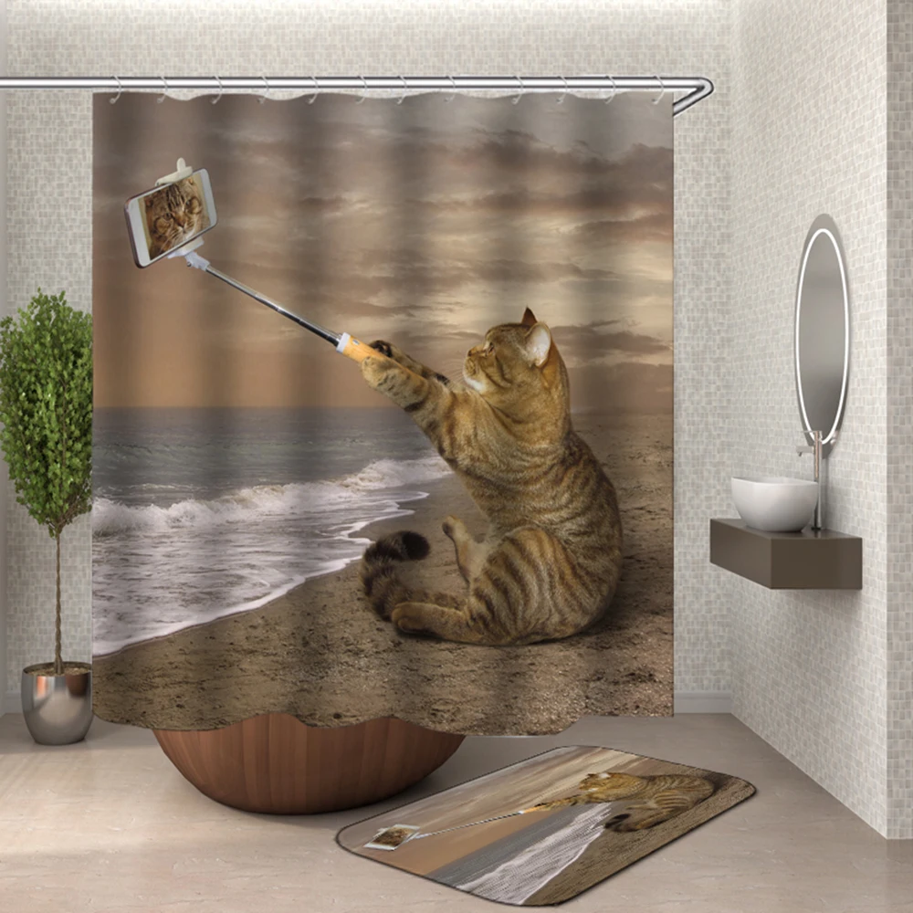 Cat Shower Curtain Bathroom Waterproof Fabric Poyester Bath Cute Pet Door | Дом и сад
