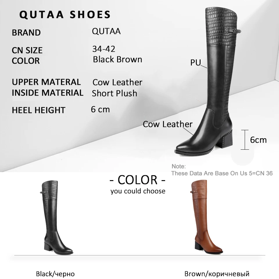 QUTAA/ г., новые зимние сапоги до колена модная универсальная Нескользящая женская обувь из натуральной кожи на платформе в стиле панк с острым носком Size34-42