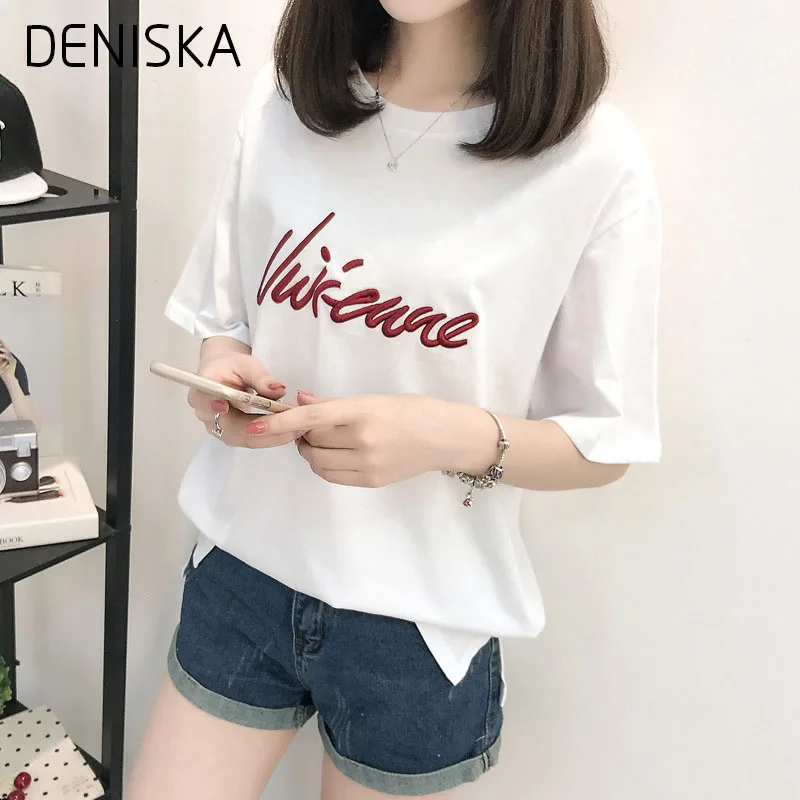 DENISKA 2018 Весна Лето Новый Harajuku Корейский Старинные Письмо Вышивка Основные