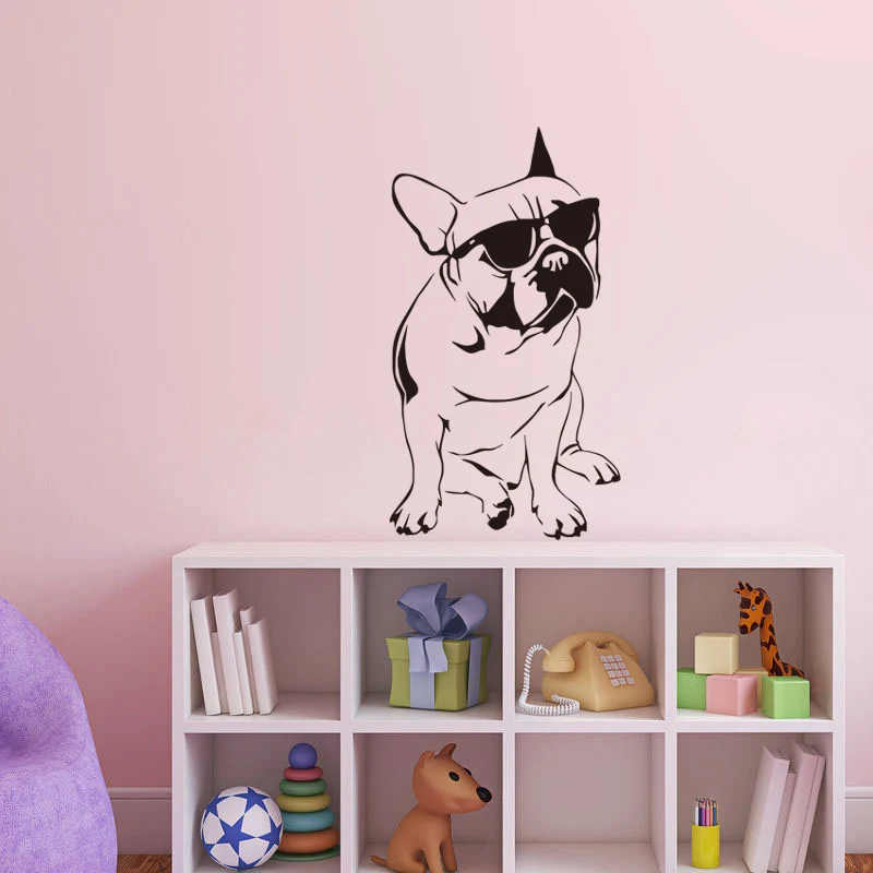 

Free Shipping Funny French Bulldog Decals Kids Room Vinyl Wall Sticker Dog With Sunglasses Cute Bedroom WallPaper Home Decor