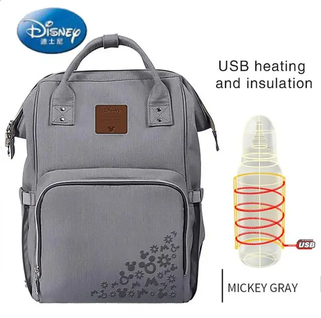 gray Disney USB Отопление сумка для подгузников подгузник рюкзак большой емкости кормящих путешествий рюкзак сохранение тепла DS8202 - Цвет: gray