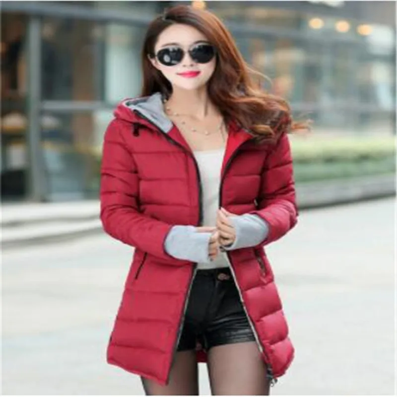 Wine red jacket Женское зимнее теплое пальто с капюшоном, плюс размер, карамельный цвет, хлопковая стеганая куртка, Женская длинная парка, Женская Стеганая куртка - Цвет: Wine red jacket