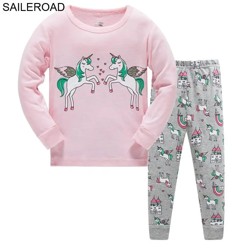 unicorn 02 sets SAILEROAD/Осенняя Пижама с единорогом для детей; хлопковые Пижамные комплекты с единорогом для девочек; Осенняя детская одежда для сна; одежда для сна - Цвет: unicorn 02 sets