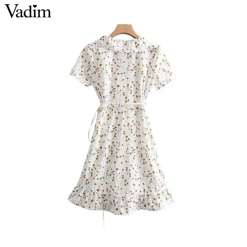 Vadim милый женский цветочный ruffled wrap dress V шеи крест дизайн с коротким рукавом