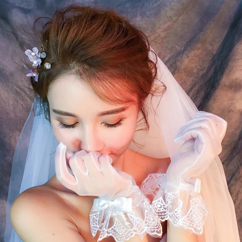 Fashion Bride Wedding Lace Bow Solid Color Full Finger Gloves Wrist Length Female Prom Dress European and American Accessories | Свадьбы и