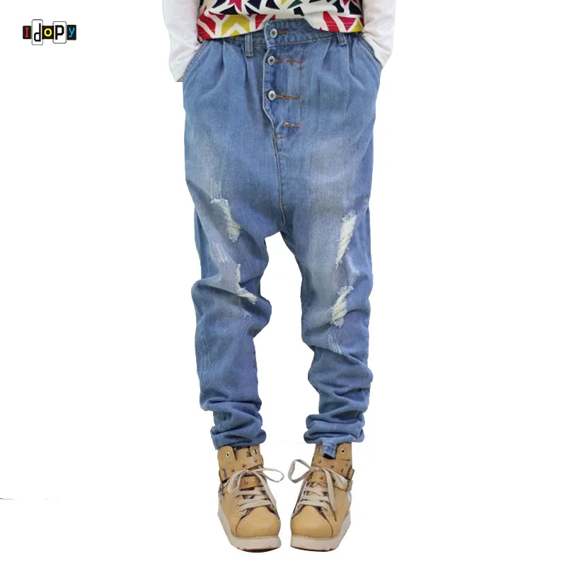 

Idopy Hip Hop Men`s Jeans Low Crotch Ripped Acid Washed Faded Blue Baggy Ripped Distressed Harem Jeans Streetwear For Dancer
