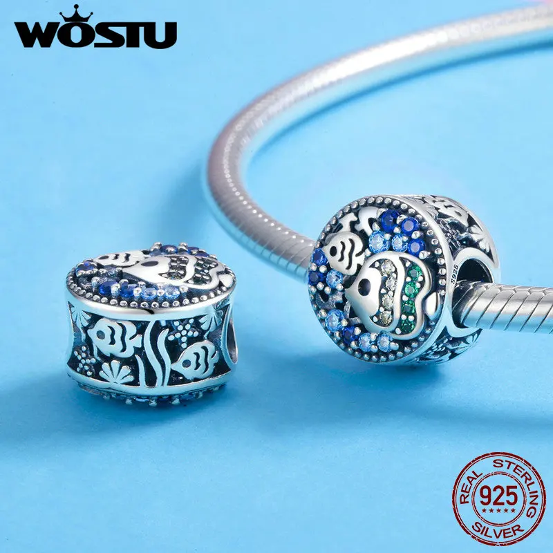 WOSTU 100% стерлингового серебра 925 пробы подводный мир хрустальные рыбные бусы Шарм