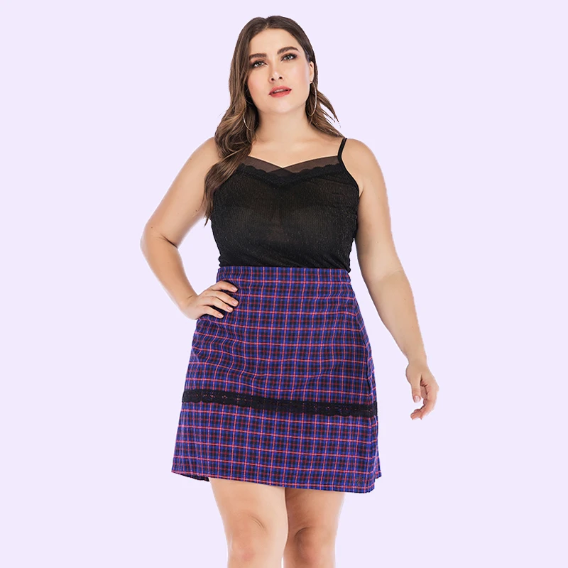 XL 5XL клетчатая юбка трапециевидной формы женская модная мини с кружевом верхняя