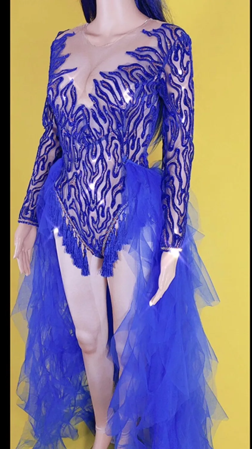 Women Sexy Stage Stretch Costumes Female Singer Dancer Mesh Tail Bodysuit Outfit Women's Nightclub Dance Performance Party Wear