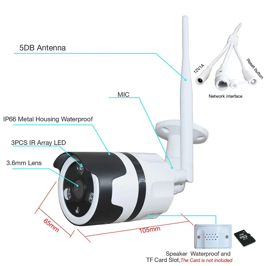 Zjuxin наружная камера WIFI Беспроводная ip-камера использование HD 3 6 мм объектив для