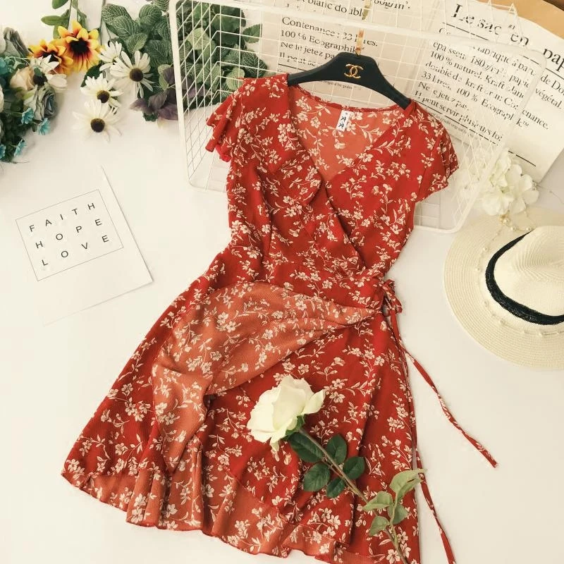 Женские платья с V-образным вырезом милые элегантные высокой талией и коротким