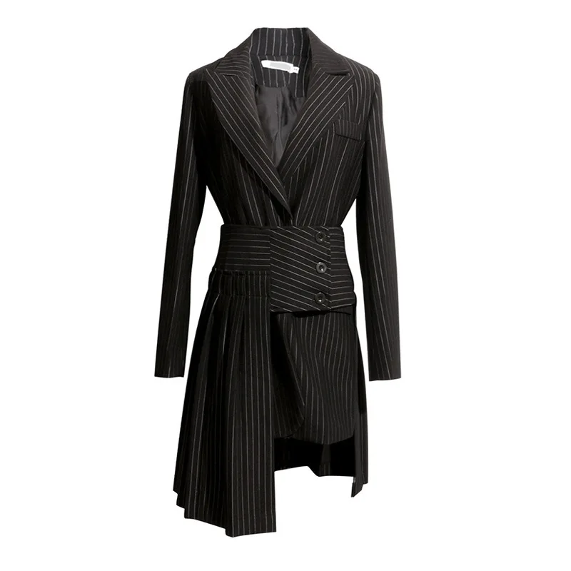black TWOTWINSTYLE, осенний комплект из 2 предметов, женский черный блейзер в полоску с длинным рукавом, пальто с неровной складкой, юбка миди, Женская мода - Цвет: black