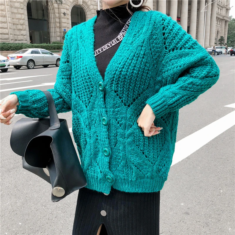 PERHAPS U Women Sweater Knitted Long Sleeve Green Cardigans V Neck Winter Outwear Loose M0031 |
