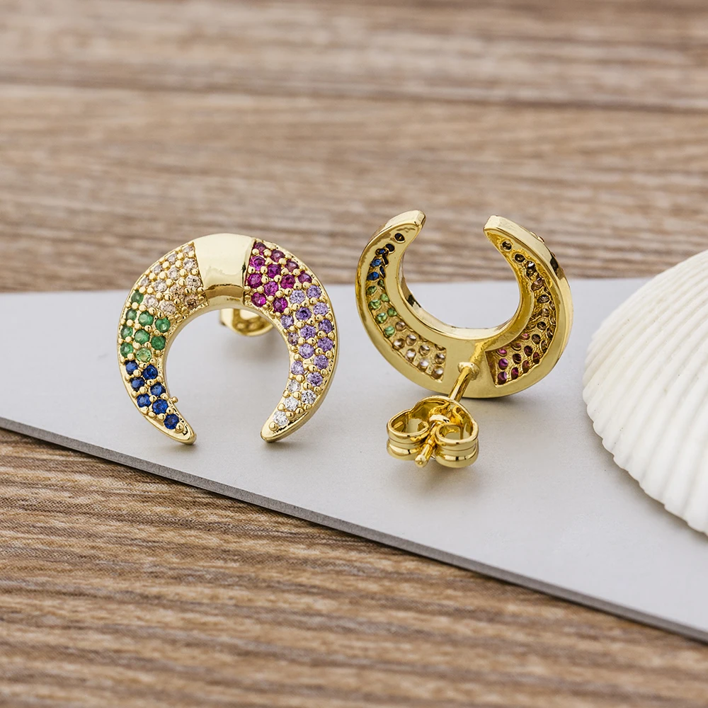 Новый стиль Мода Медь микро Pave CZ цирконий двойной рог/форма Полумесяца очаровательные гвоздики серьги для женщин ювелирные изделия подарок