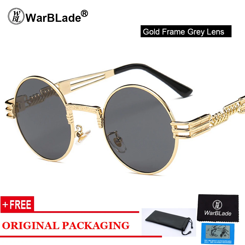 gold grey WarBLade, Ретро стиль, Круглые, стимпанк, солнцезащитные очки, для женщин и мужчин, стимпанк, Золотые очки, хип-хоп, оттенки, Teashades, прозрачные очки - Цвет линз: gold grey