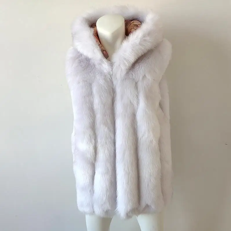 White with black tip Меховой жилет имитация silver fox шуба с капюшоном жилет вертикальная полоса средней длины жилет крупных женщин размер - Цвет: White with black tip