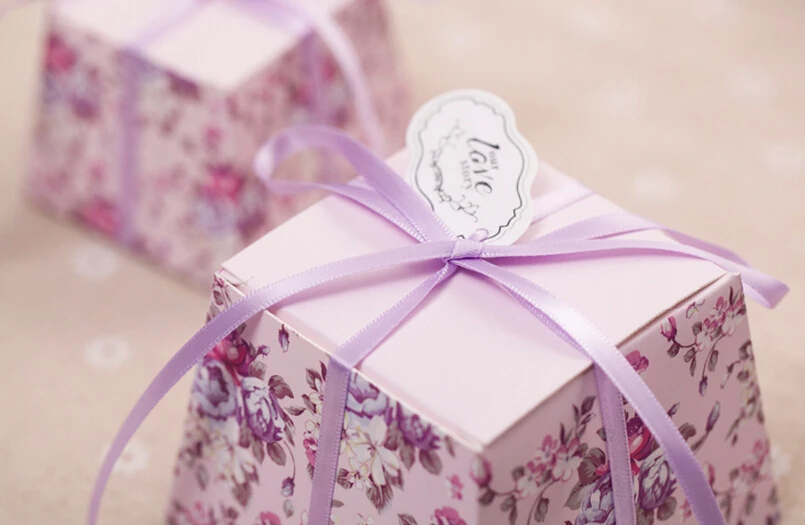 100 шт. красивые фиолетовые Цветочные трапециевидные коробки для конфет Свадебная