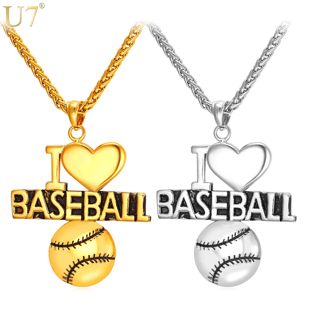 

U7 Heart Necklace For Baseball Fan Stainless Sports Jewelry Gold Color "I Love Baseball" Charm Pendant For Men /Women Gift P848