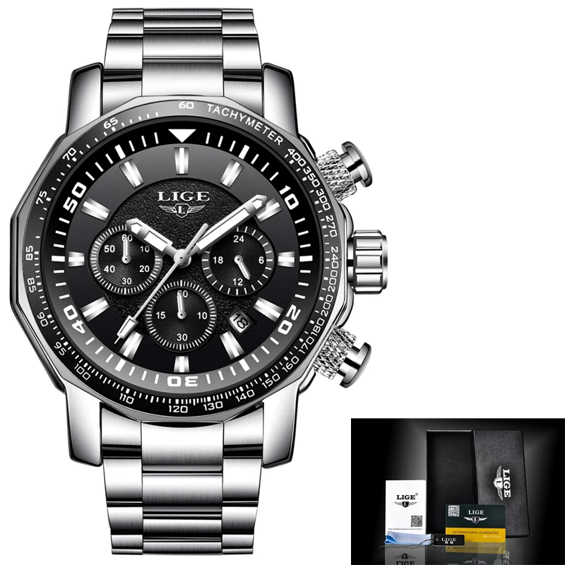 LIGE Mens Watches Top Brand Luxury Military Sport Watch Men Stainless Steel Quartz Clock Waterproof Relogio Masculino+Box | Наручные часы