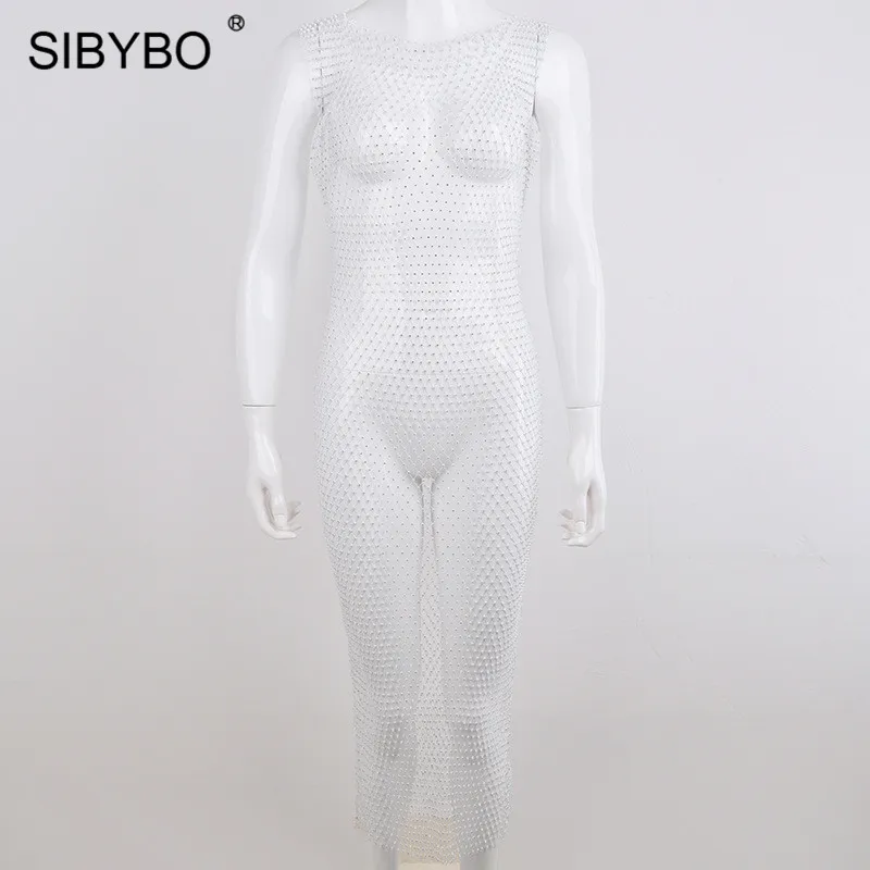 White Long SIBYBO, сексуальное летнее платье в сеточку со сверкающими бриллиантами, открытое прозрачное облегающее платье с разрезом, женская пляжная одежда, платья для вечеринок - Цвет: White Long