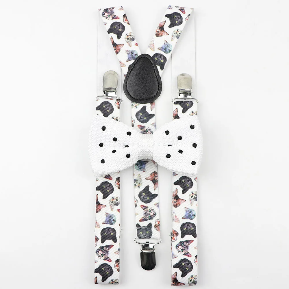 Cat Brace Set Милый комплект с футболкой с галстуком-бабочкой на подтяжках для мужчин, женщин и детей винтажные подтяжки для папы, мальчика и девочки в горошек пояс с бабочками и галстуком-бабочкой - Цвет: Cat Brace Set