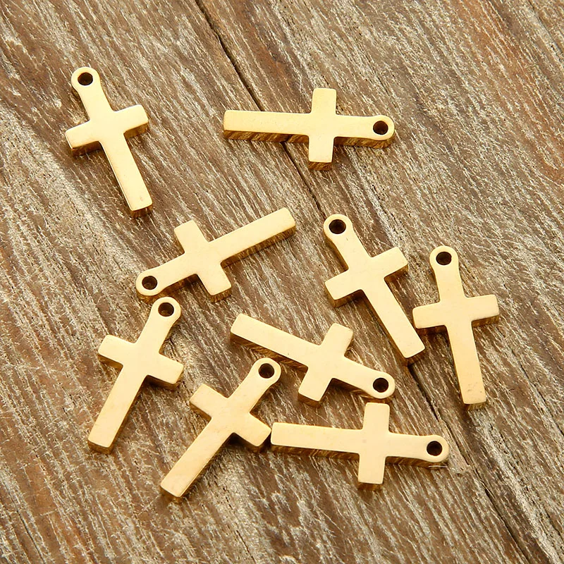 50PCS/lot Catholic Christ Small Gold Silver Color Small Cross Stainless Steel Charms Pendants Religious DIY Jewelry Accessories