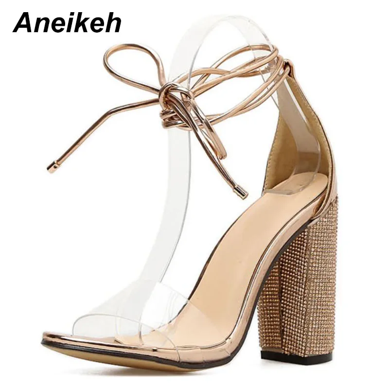 champagne Aneikeh/женские Босоножки на каблуке; туфли-лодочки с ремешком на щиколотке со стразами; женские Вечерние туфли на очень высоком каблуке 10,5 см и квадратном каблуке - Цвет: champagne