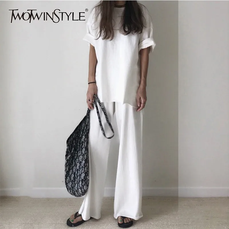 

Женский Повседневный костюм TWOTWINSTYLE, летний костюм из двух предметов: футболка с коротким рукавом и эластичные широкие брюки с высокой талие...