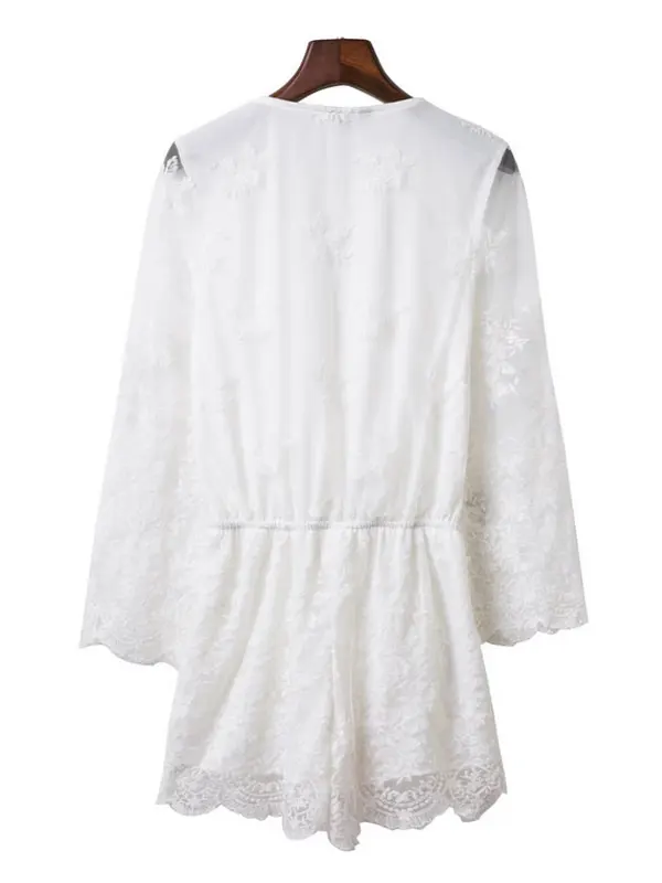 Женский белый комбинезон с длинным рукавом и V образным вырезом|lace playsuit|womens white