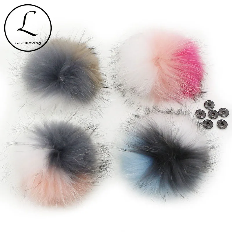 5pcs Lot 15-16cm Big DIY Raccoon Fur Multi Pompom Fur Ball For Knitted Hat Cap Beanies Scarves Real Fur Pom Pom With Button Snap